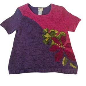 Vintage Knit Sweater Embroidered Short‎ Sleeve Boho Floral Colorblock Koret